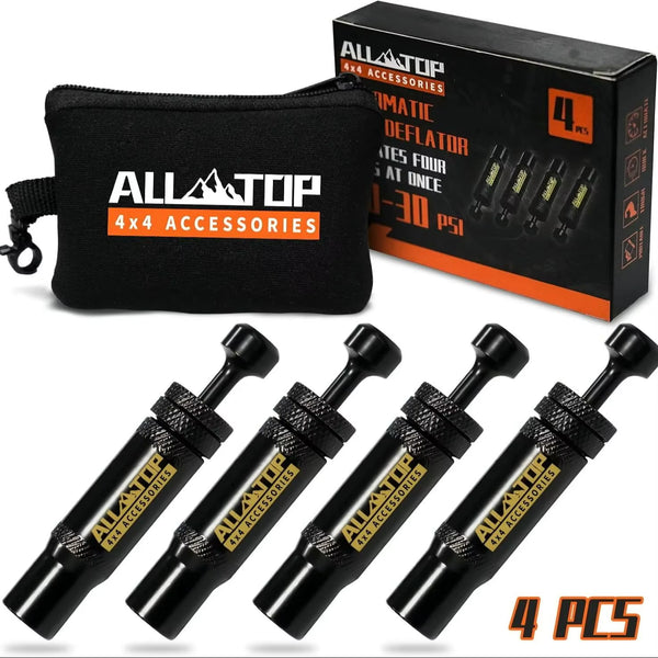 Auto-Stop Tire Deflator Valve Kit (10-30 PSI) 4 PCS Screw-On Tyre Air down Tool Vehicles Motorcycle Offroad 4X4 Tire Tools Set