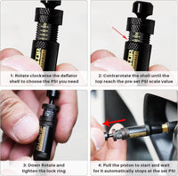 Auto-Stop Tire Deflator Valve Kit (10-30 PSI) 4 PCS Screw-On Tyre Air down Tool Vehicles Motorcycle Offroad 4X4 Tire Tools Set